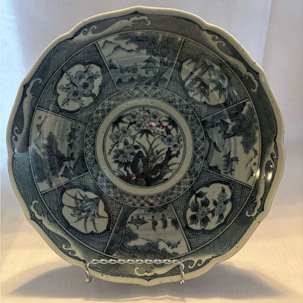 Kikho Shikunshi Platting Arita Porcelain Blue White Signed Plate, Diameter 10”